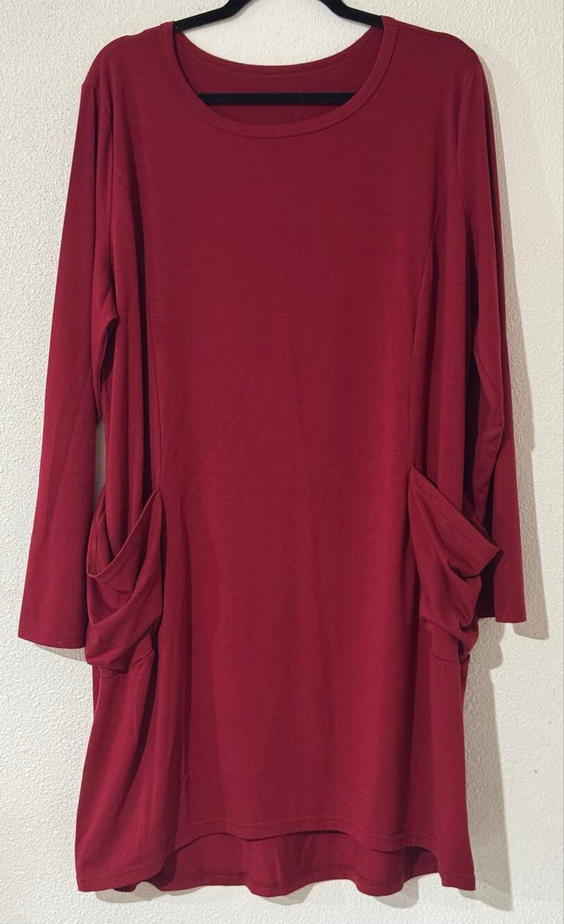 Trendy Maroon/Dark Wine Red Longline Tunic Dress w/ Slouchy Pockets Earthy Boho